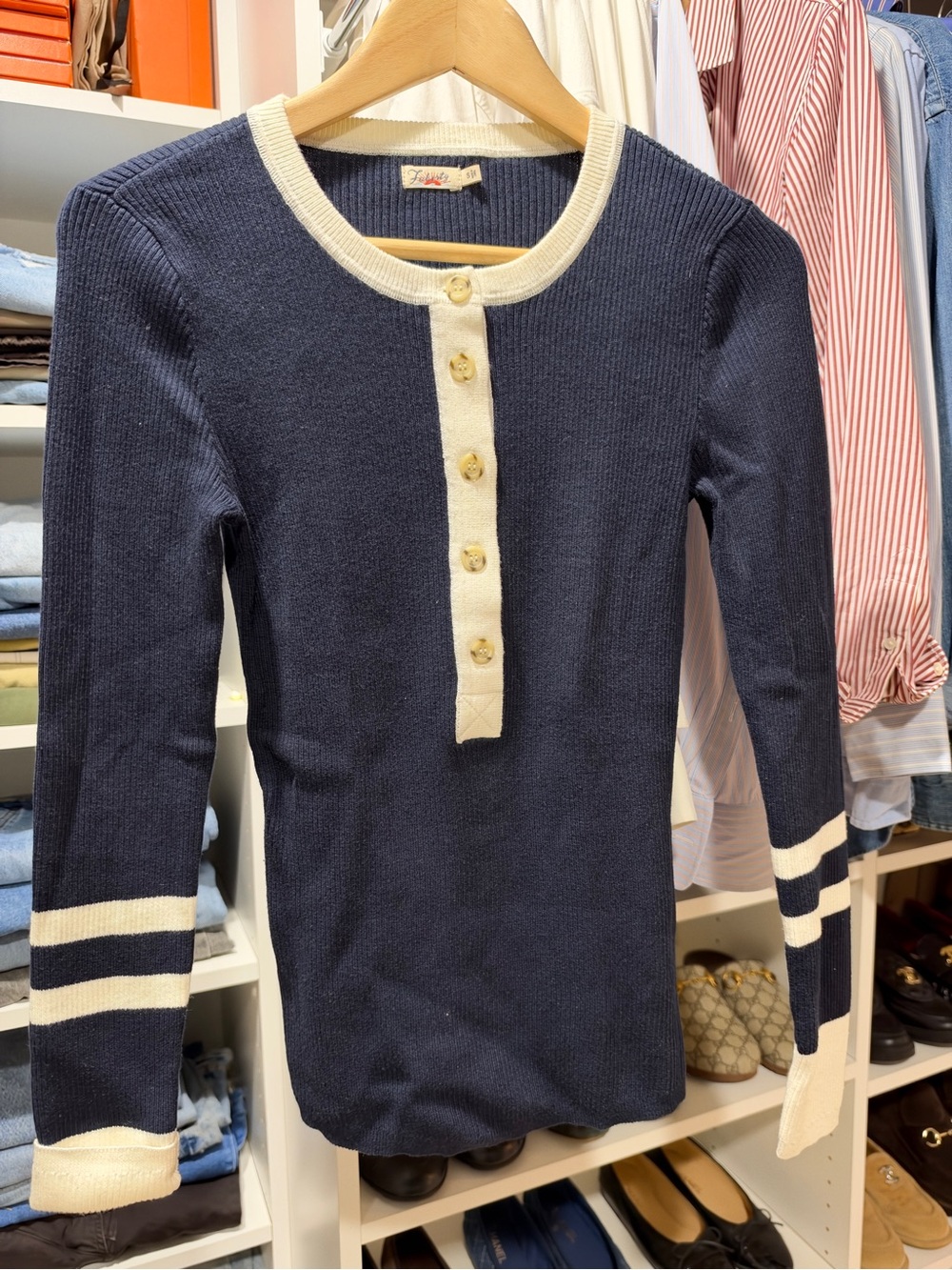 Faherty Navy Ribbed Henley with White Trim - Kids Long Sleeve - Picture 4 of 7